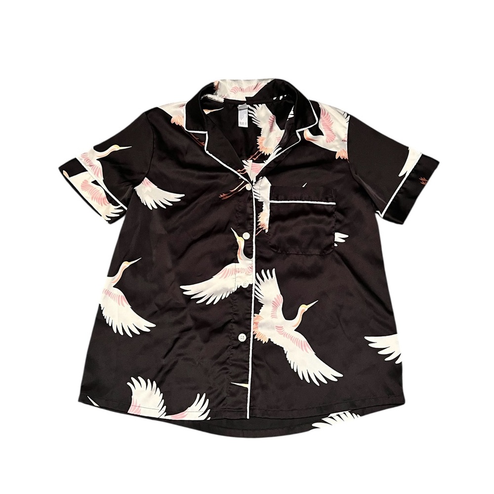 Black White Pink Crane Bird Print Short Sleeve Short Pajama Set Size XS - Picture 2 of 5